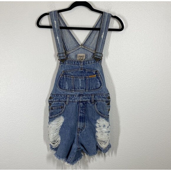 Vtg Furst of a Kind Reworked Y2K 90s Grunge Overall Jeans Shorts Large Upcycled - Picture 1 of 9